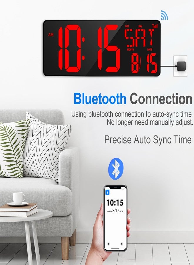 XREXS 17.2" Large Digital Wall Clock Bluetooth Sync Time, Precise Atomic Clocks with Remote Control, Adjustable Dimmer Grandfather Clock, Temperature for Bedroom, Desk Alarm Clock for Elderly - Image 2